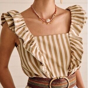 Sezane Meredith Striped Ruffle Camel Cream Bow Tank Blouse Size 40 FR / 8 US